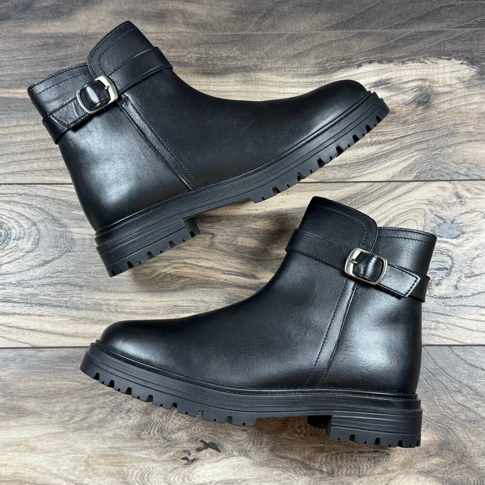 NIB Steve Madden Maezy 7M Black Leather Lug Sole Zip Ankle Boots Booties - Picture 6 of 12